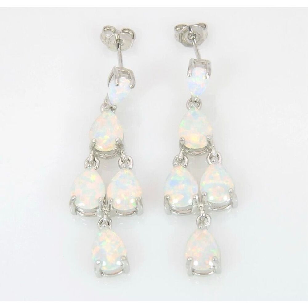 Silver White Fire Opal Chandelier Earrings